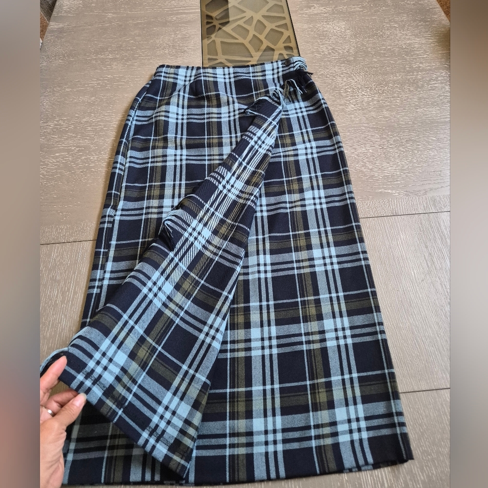 Requirements Black, Light Blue & Olive Plaid Midi Wrap Pencil Skirt - Picture 5 of 12